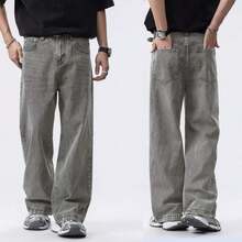 Comfortable Men's Extra Long Wide Leg Jeans Denim Non-Stretch Loose Fit With Pockets - than chì - Xem 14
