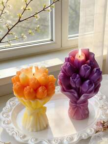 1个3D郁金香花束带蝴蝶结硅胶蜡烛模具，适用于DIY香薰蜡烛、肥皂、树脂和石膏工艺品，情人节、婚礼、母亲节硅胶模具 - A - 查看 5