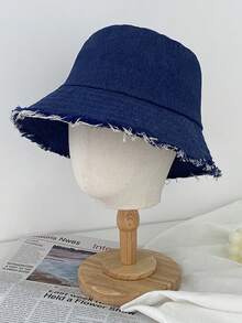 1顶新款男女通用防晒牛仔帽，带毛边装饰 - 渔夫帽 - 防晒帽 - 复古成人帽 - 水洗做旧 - 短帽檐 - 淺藍色 - 查看 5