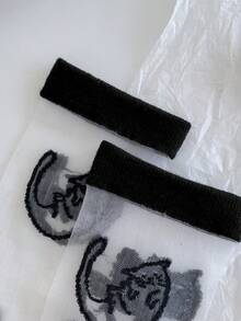 5双黑色线条猫咪印花透明网眼袜，夏季百搭女士中筒袜 - 黑色 - 查看 3