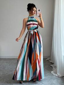Robe d'été élégante et décontractée pour femmes, sans manches, avec ceinture et plissée, idéale pour la plage et les voyages - Multicolore - Voir 1