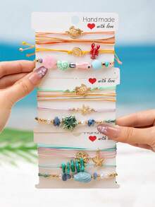 Summer Beach Vacation Wax Rope Bracelet Set For Women, Multi-Layer Colorful Beaded Bracelet & Anklet Set Suitable For Surfing, Ocean Life Turtle & Starfish Pendant Bracelet, Bohemian Beach Jewelry - Multicolor - View 11