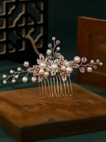 1件手工珍珠水晶新娘发梳，优雅树叶造型婚纱配饰，浪漫森林风发夹 - 彩色 - 查看 8
