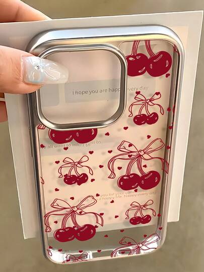 1pc Electroplated Transparent Heart-Shaped Cherry Design Minimalist Full Coverage TPU Shockproof Phone Case Compatible With Apple 17, 16, 15, 14, 13, 12, 11 Pro Max, Air