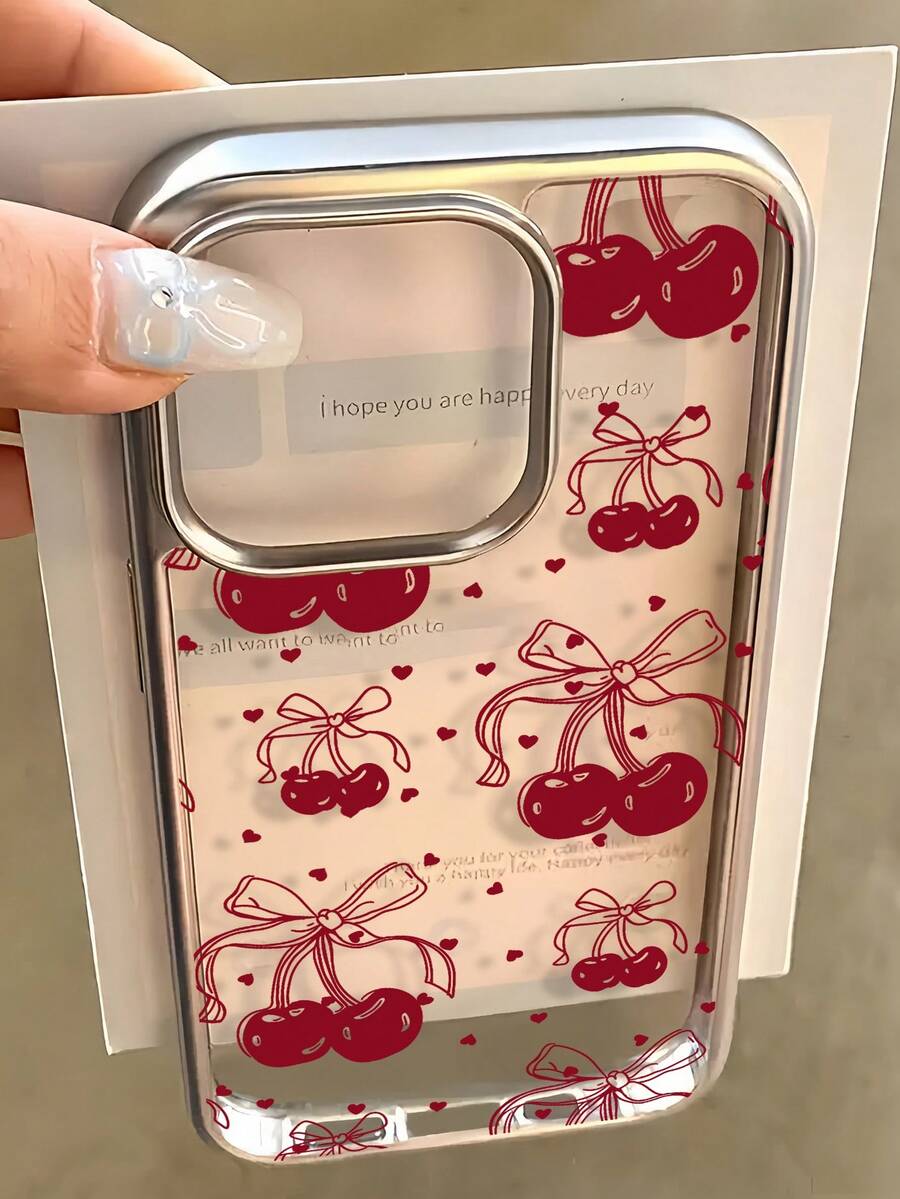 1个电镀透明心形樱桃图案简约全包覆TPU防震手机壳，兼容苹果17、16、15、14、13、12、11 Pro Max、Air - 彩色 - 查看 1