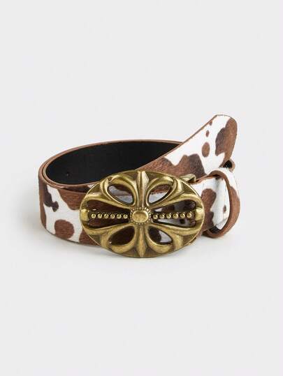 1pc Western Cowgirl Boho Style Leather Belt For Women, Chunky Cowboy Belt, Hollow Buckle Retro Cow Print Belt, Suitable For Skirts, Pants, Party, Beach, Music Festival, Holiday & Birthday Gift