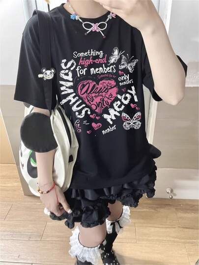 2026 Summer New Women's Round Neck Casual Loose Contrast Color Heart Print Cute Sweet Girl Y2K College Style Pure Cotton Short Sleeve T-Shirt, 1 Piece