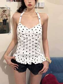 Women's Sequin Camisole Backless Polka Dot Cropped Tank Top, Sleeveless Knit Tie-Up, Summer Fashion Resort Style - White - View 4