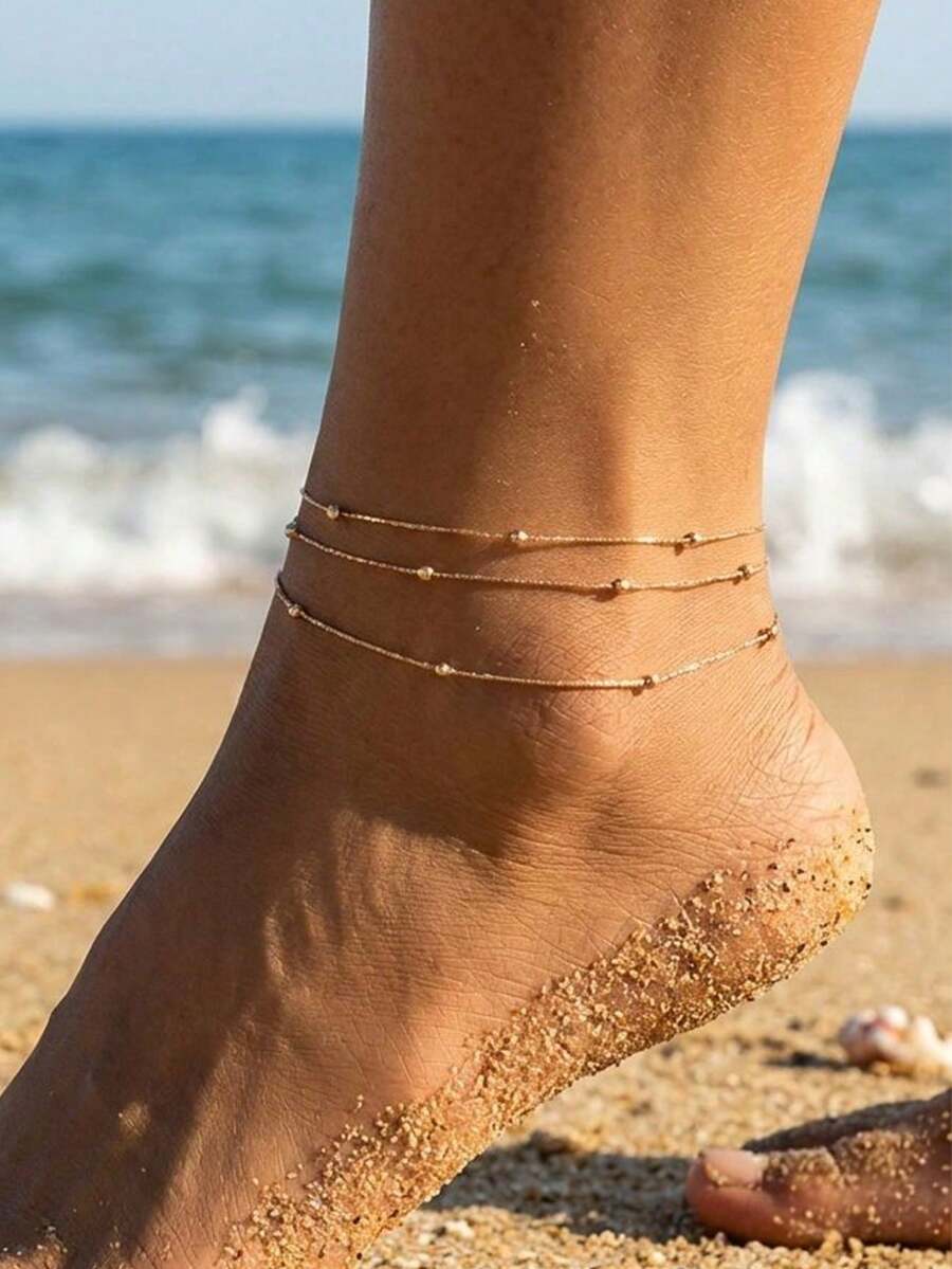 1 pieza Tobillera de 3 capas con cadena dorada y perlas, diseño minimalista y elegante, adecuada para la playa, vacaciones, uso diario, cualquier ocasión, regalo para mujeres - Amarillo Oro - Ver 1