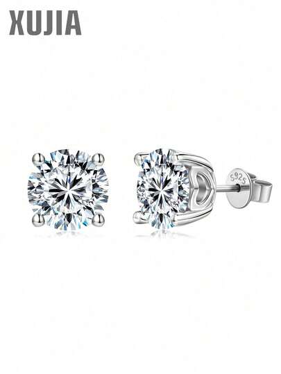 XUJIA 一对2.0克拉/4.0克拉莫桑石耳钉，925纯银，6.5毫米/8毫米，1克拉*2颗/2克拉*2颗，D色VVS1净度圆形切割莫桑石耳钉，女士珠宝，周年纪念、生日、圣诞节礼物