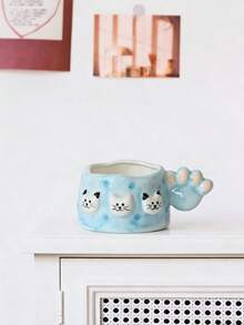 1pc Creative Cute Hand-Painted Cat Paw Handle & Cat Face Ceramic Coffee Mug - Multicolor - View 6