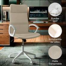 MAGMALIFE Silla de Oficina Ergonómica con Reposacabezas Respaldo de Malla Transpirable Altura e Inclinación Ajustables Reposabrazos Abatibles y Ruedas 360° Silenciosas Soporta 150kg Beige - Beis - Ver 3