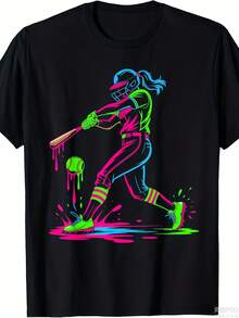 Women'S Neon Glow-In-The-Dark Graphic T-Shirt| Soft Micro-Elastic Loose Fit, Short Sleeve, Round Neck, Summer Casual Top With Neon Glow Print For Beach, Outdoor & Night Out - Breathable, All-Season, Vintage Style, Crew Neck, Regular Fit, Pure 220G - màu đen - Xem 6