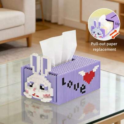 1050 piezas Bloques de construcción de caja de pañuelos con diseño de conejo de dibujos animados, lindos y creativos, juego de apilamiento y ensamblaje de partículas pequeñas divertido, pasatiempo, juego en equipo familiar, decoración minimalista para sala de estar, cocina, baño y escritorio