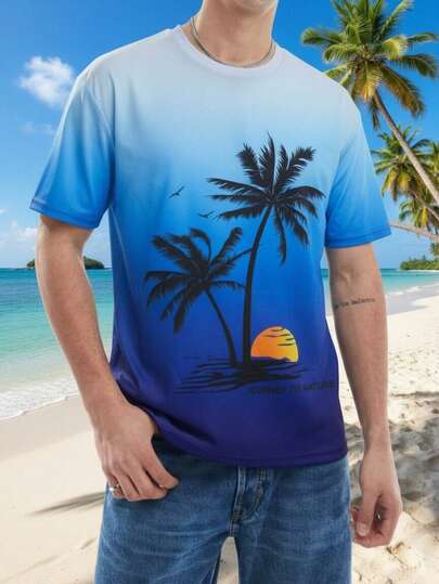 男士渐变色椰树印花休闲T恤