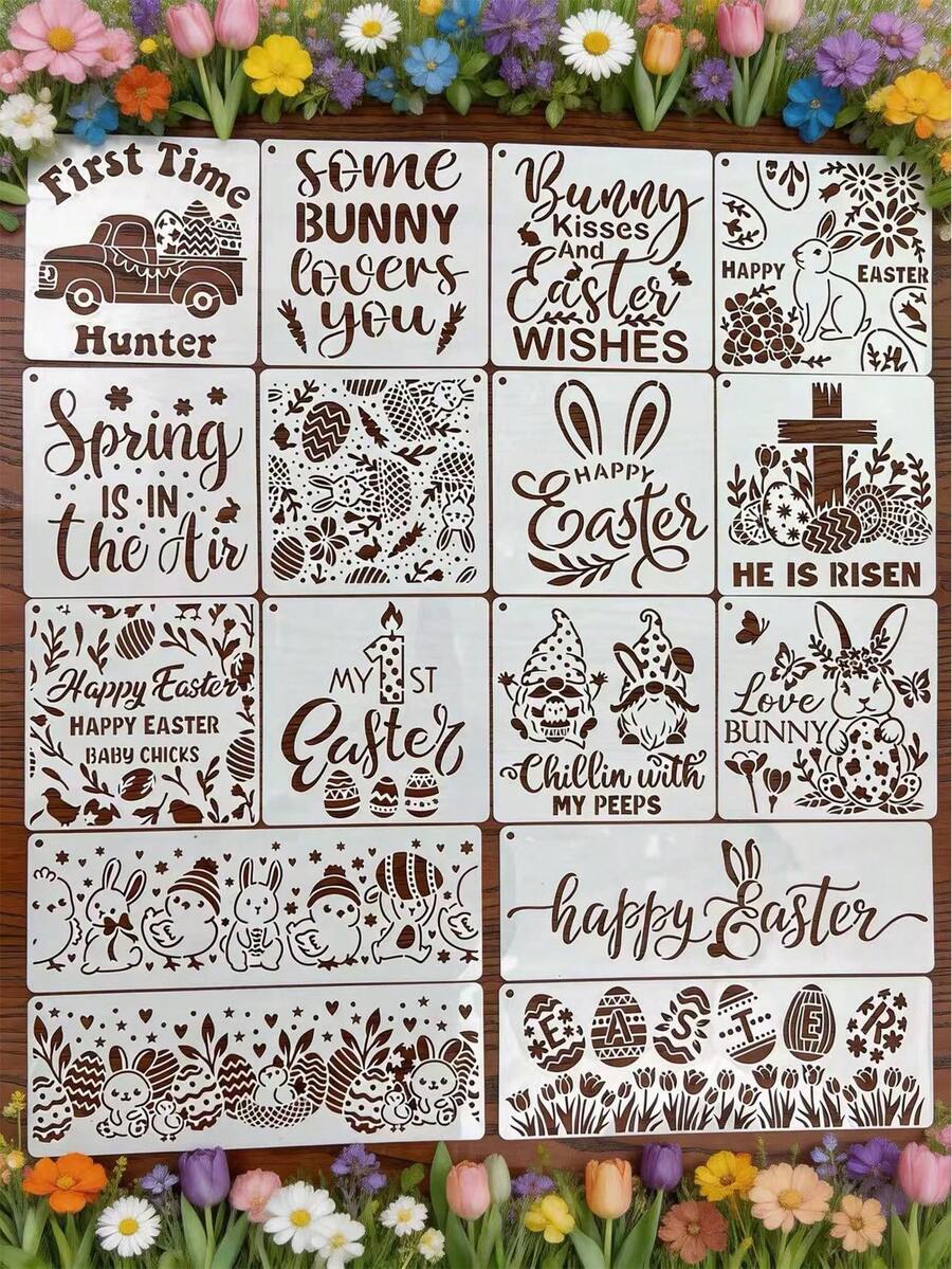 16pcs Reusable Easter Bunny Egg Hollow Painting Template, Washable For Wood, Glass, Ceramic, Fabric, Plastic, Spray Painting, Stencil Material