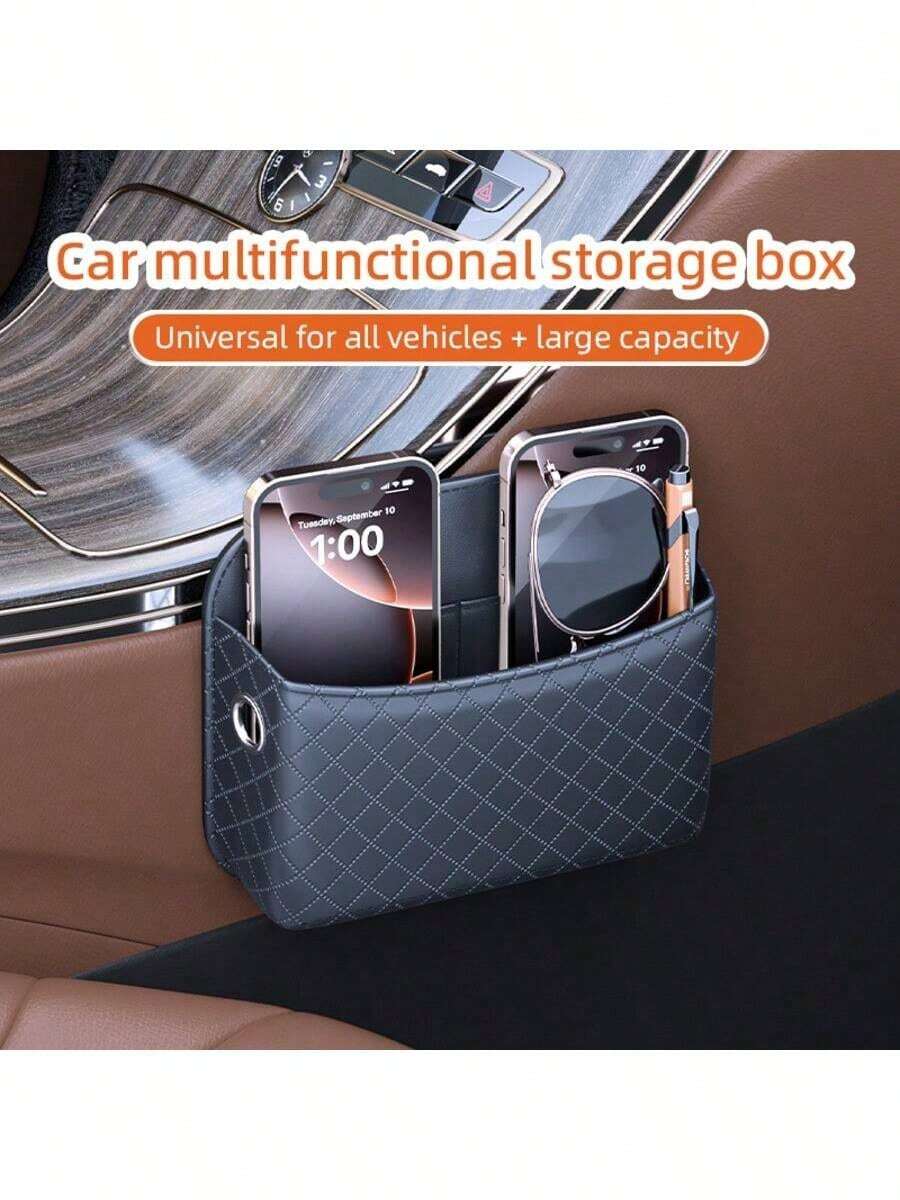 1pc Leather Car Storage Bag, Adhesive Car Phone Holder Organizer Pouch - A - View 1