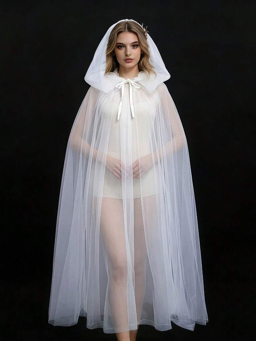 1pc Long Bridal Wedding Lace Veil Shawl Cloak, Easter Cosplay Ghost Hooded Cloak Cape, Masquerade Party Witch Costume - White - View 1