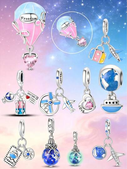 S925 Sterling Silver Travel Charms - Hot Air Balloon, Airplane, Globe, Luggage Beads Compatible With & European Bracelets,Suitable As A Gift For Engagement, Wedding, Or Honeymoon