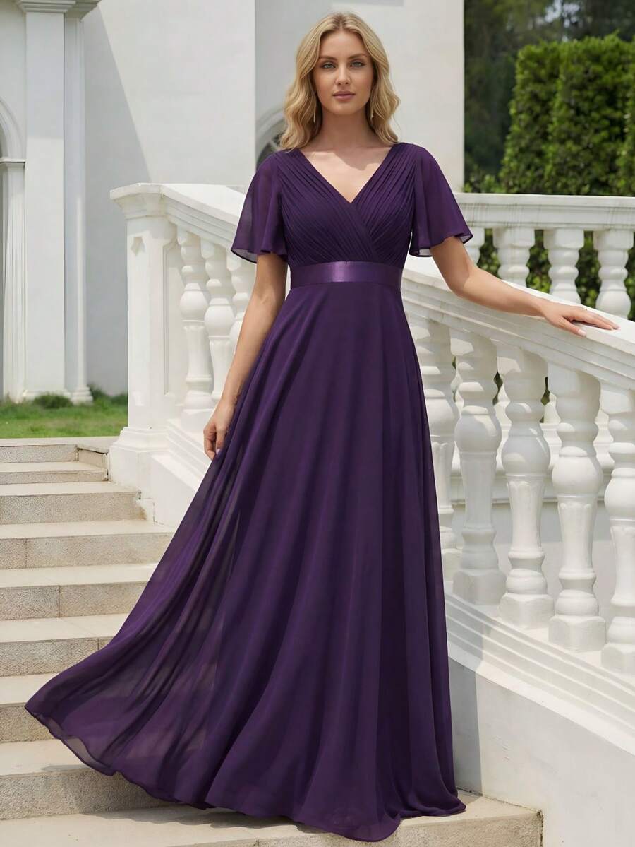 EVERPRETTY Đầm phù dâu màu tím đậm, cổ chữ V, tay bồng xếp ly, thích hợp làm đầm dự tiệc cưới, đầm bán chính thức mùa xuân, đầm dành cho mẹ cô dâu trong đám cưới, tiệc sinh nhật, lễ tốt nghiệp, ngày Valentine.