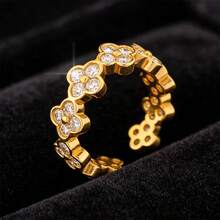 1pc 18K Gold Plated Copper Fully Paved Clover Adjustable Open Ring, Suitable For Holidays, Valentine's Day, Mother's Day Gifts, Daily Wear, Wedding - Gold - View 4