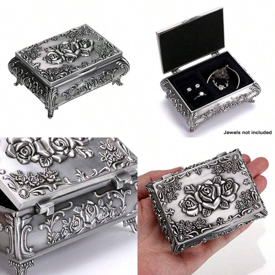 Vintage Metal Jewelry Box Small Trinket Jewelry Storage Box For Rings Earrings Necklace Treasure Chest Organizer Antique Jewelry Keepsake Gift Box Case For Women Small - Bạc - Xem 1