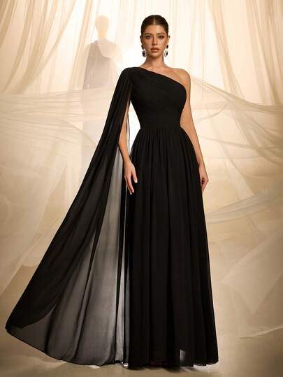 VIPGIRL Elegant & Luxurious Black Asymmetrical Evening Gown - Flowing Chiffon Drape & Ruched Bust | Must-Have For Gala Dinners, Wedding Guest Receptions, Red Carpet Events & Luxury Anniversary Celebrations