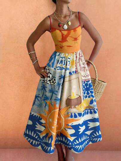 Fashionable Casual Vacation Contrast Color Tropical Print Sleeveless Dress, Spring/Summer