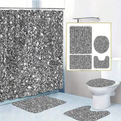 Bộ 1/4 rèm tắm phòng tắm, hàng mới về, họa tiết lấp lánh bạc, kèm 12 móc treo, thiết kế trang nhã, bền chắc, chống trượt, thích hợp cho phòng tắm, quà tặng.