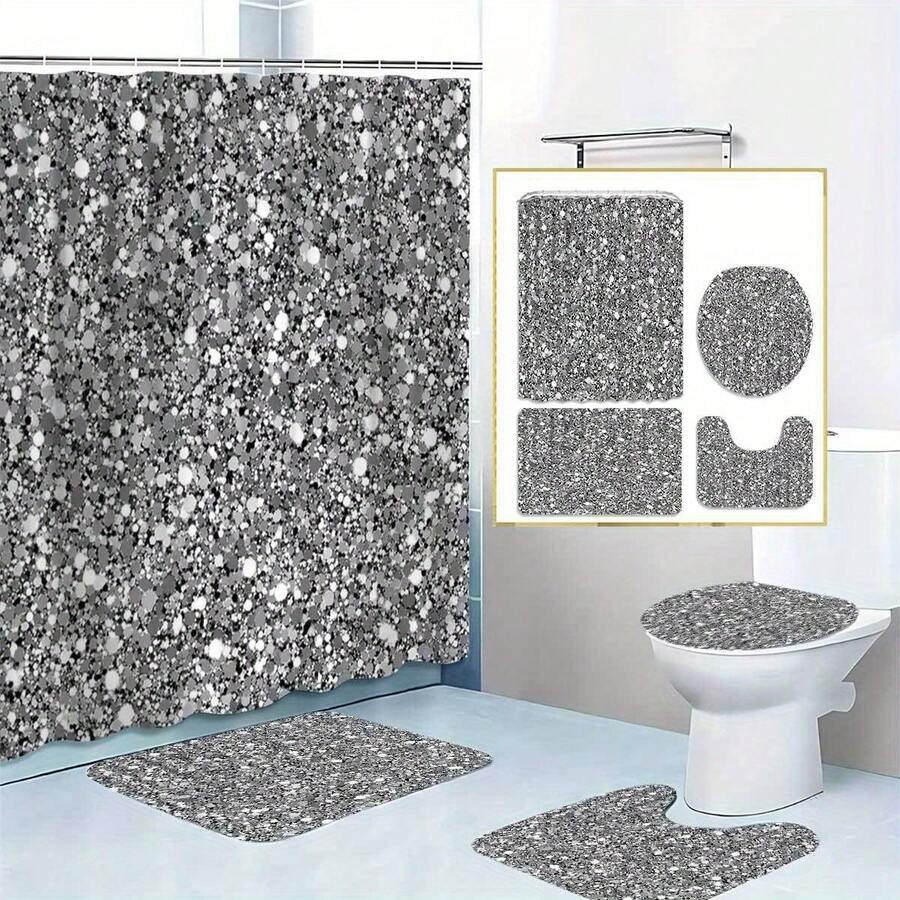 Bộ 1/4 rèm tắm phòng tắm, hàng mới về, họa tiết lấp lánh bạc, kèm 12 móc treo, thiết kế trang nhã, bền chắc, chống trượt, thích hợp cho phòng tắm, quà tặng.