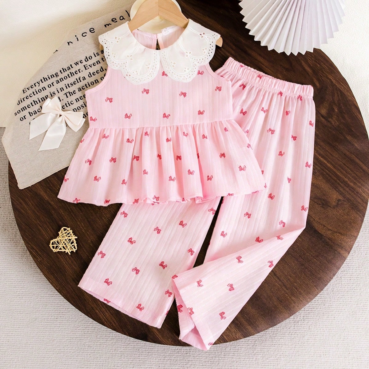Conjunto de cuello con lazo marfil para niña, base marfil con estampado de lazo rojo, diseño elegante de cuello, top de manga larga + pantalones, ad