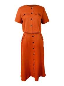 2pcs/Set Casual Round Neck Short Sleeve Buttoned Crop Top And Single Breasted Pocket A-Line Skirt Outfit - Brown - View 3