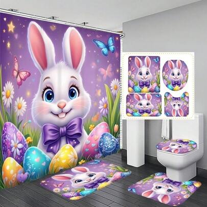 Bộ rèm tắm trang trí hình thỏ và trứng Phục Sinh (1 cái/3 cái/4 cái), bao gồm 12 móc treo, tạo không khí lễ hội trang nhã, thảm phòng tắm, thảm hình chữ U và thảm tròn cho bồn cầu, phù hợp với mọi không gian.
