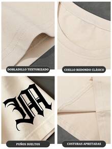 Camiseta casual de manga corta de cuello redondo con estampado de letras de hombro caído para hombre, adecuado para uso diario y deportes y fitness - Caqui - Ver 6