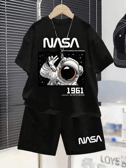 男童字母数字印花圆领短袖T恤和短裤休闲日常穿搭