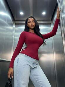Women's Casual Solid Color Drawstring Waist Fitted T-Shirt, Suitable For Summer And Spring Seasons, Summer And Spring Clothing, Summer And Spring Tops, Summer And Spring Apparel, Outdoor Tops, Women's Casual Blouse - Burgundy - View 3