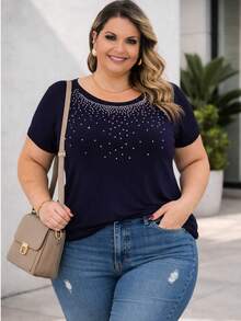 Plus Size Short Batwing Sleeve Blouse With Round Neck And Rhinestones - Casual Chic - Comfortable Knit Fabric - Urban Everyday Look - 藏蓝色 - 查看 9