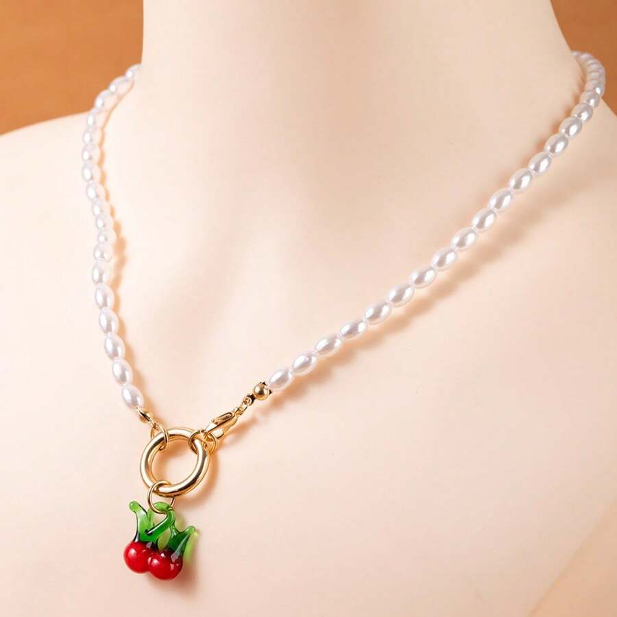 1件欧美可爱小众设计樱桃吊坠仿珍珠串珠百搭优雅项链 - 彩色 - 查看 1