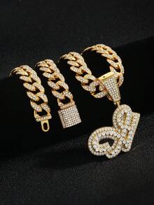 嘻哈风镶钻链，配定制草书字母吊坠，镀金项链，个性化首字母首饰 - 嘻哈字母項鍊 - 查看 52