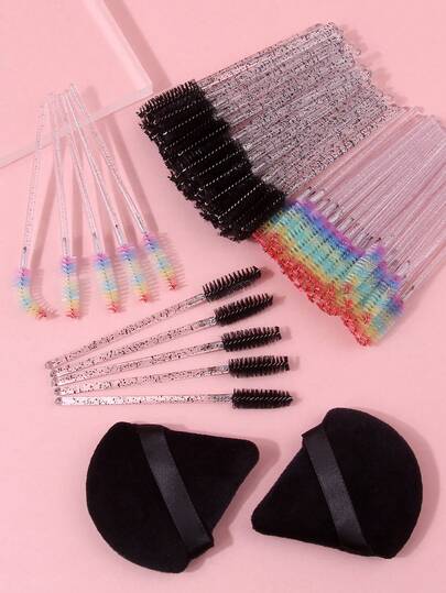 100支装柔韧手柄睫毛眉刷，多功能眼部化妆刷 + 2个柔软精细三角化妆海绵