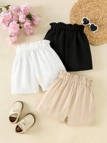 3pcs/Set Girls Gentle Minimalist Style High Waist Wide Leg Shorts, Bow Decor Waistband, Suitable For 4-7 Years Old, Casual Wear For Summer - Multicolor - View 2