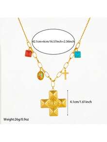 1pc Punk Retro Gold-Plated Block Paste Aimulation Turquoise Accessory Cross Pendant Necklace Three-Dimensional Splicing Threaded Cross Stainless Steel Collarbone Chain - Multicolor - View 5