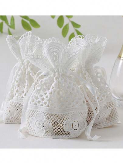 10/1pc White Lace Drawstring Gift Bag, Five-Petal Flower Design, Durable And Elegant Jewelry Pouch, Suitable For Creative Packaging, Wedding Gifts And Special Occasions, Gift Bags, Mother's Day Gift Packaging, Wedding Party Gift Packaging