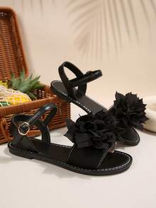 Giày sandal đế bằng quai ngang họa tiết hoa 3D kiểu dáng mùa hè dành cho nữ sinh, sandal quai ngang hở ngón có khóa cài màu trắng, kiểu dáng thường ngày. - màu đen - Xem 6