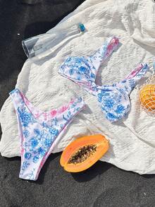 Women's Summer Bikini Set, Elegant Romantic Double-Sided Printed Twist Design Bikini Set, Suitable For Beach Vacation - Powder Blue - View 2