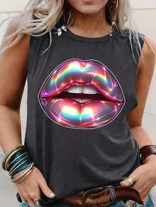 Women'S Sleeveless Tank Top With Iridescent Kiss Print - Casual Round Neck Summer Top, Black With Colorful Lips Design, Lightweight Polyester Blend For Casual Attire - Màu xám đen - Xem 2