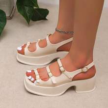 Sandalias de plataforma con tiras y punta abierta de estilo retro para mujer, sandalias de cuña, atuendos de verano - Beis - Ver 4