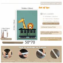 1幅帆布防水儿童房装饰画，带框儿童房海报，野生动物火车主题儿童房墙画，男孩房装饰，包含狮子、大象、长颈鹿和斑马图案，色彩缤纷的游戏室装饰，婴儿房装饰，幼儿园装饰，孕妇房墙画，游戏室海报，卡通装饰 - 彩色 - 查看 15