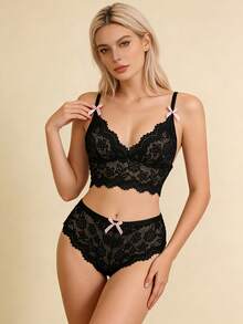 两件套花卉蕾丝内衣套装 - 可调节肩带透气针织文胸和蝴蝶结内裤 - 女士四季内衣 - 黑色 - 查看 2