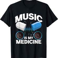 Camiseta Gráfica 'La Música Es Mi Medicina' Negra de Cuello Redondo para Hombres y Mujeres |   Camiseta Casual de Verano y Primavera con Diseño de Músico y Guitarra, Corte Holgado, 180G, Manga Corta, Estilo Vintage - Negro - Ver 1